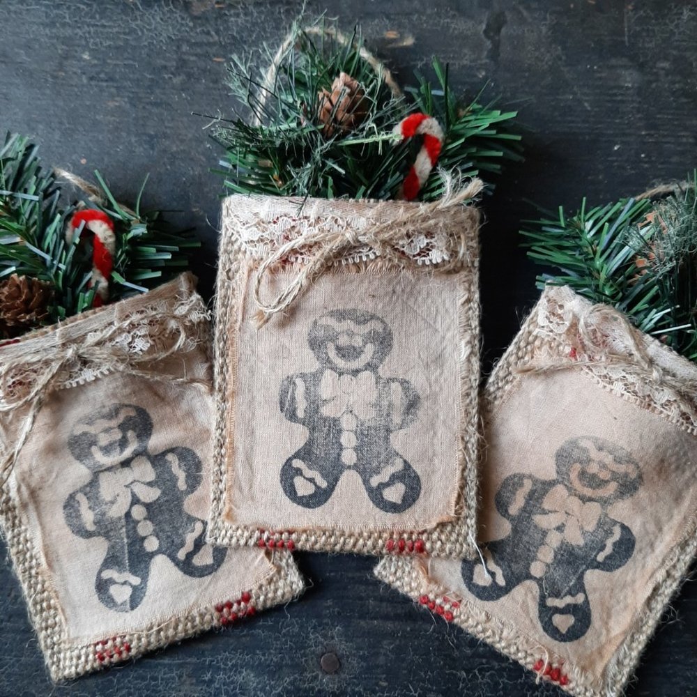 HANDMADE Gingerbread Christmas Bag Ornament stamped burlap SET of 3